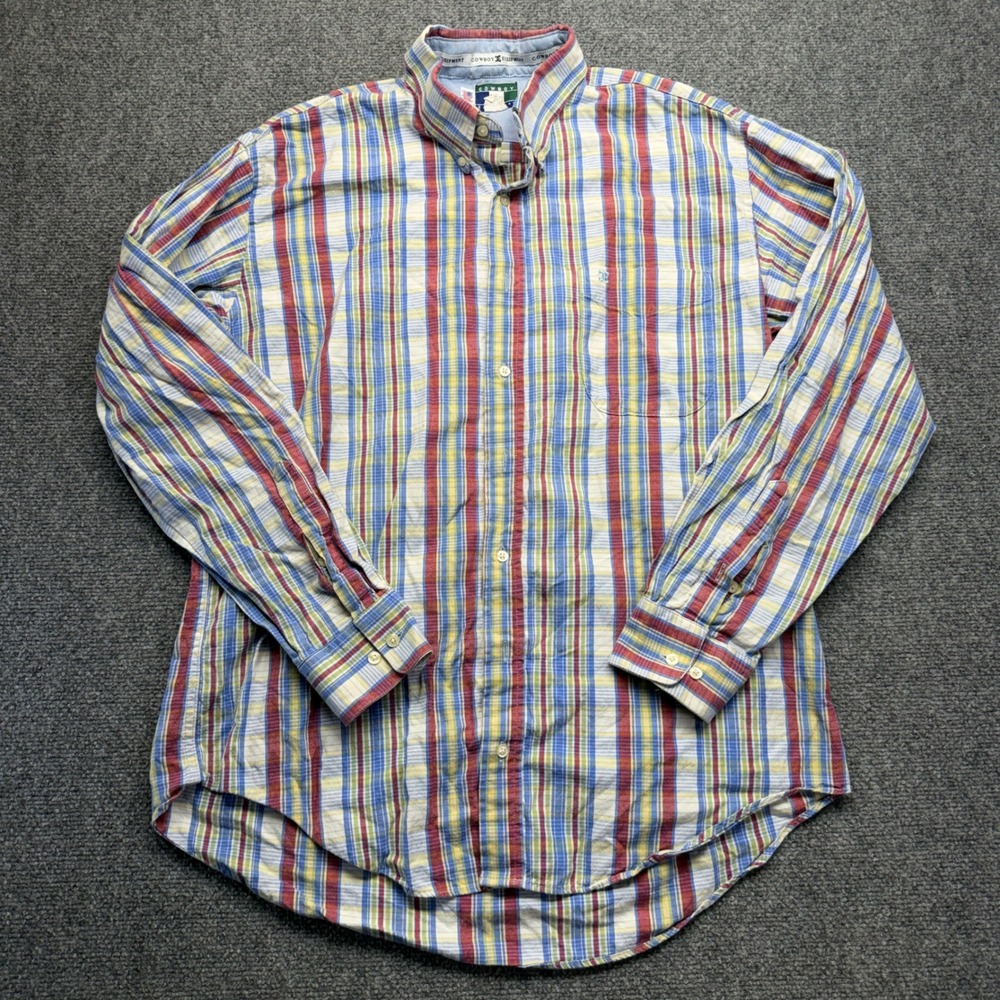 Vintage Cowboy Equipment Plaid Button Down Shirt Mens Blue Red Yellow USA Made